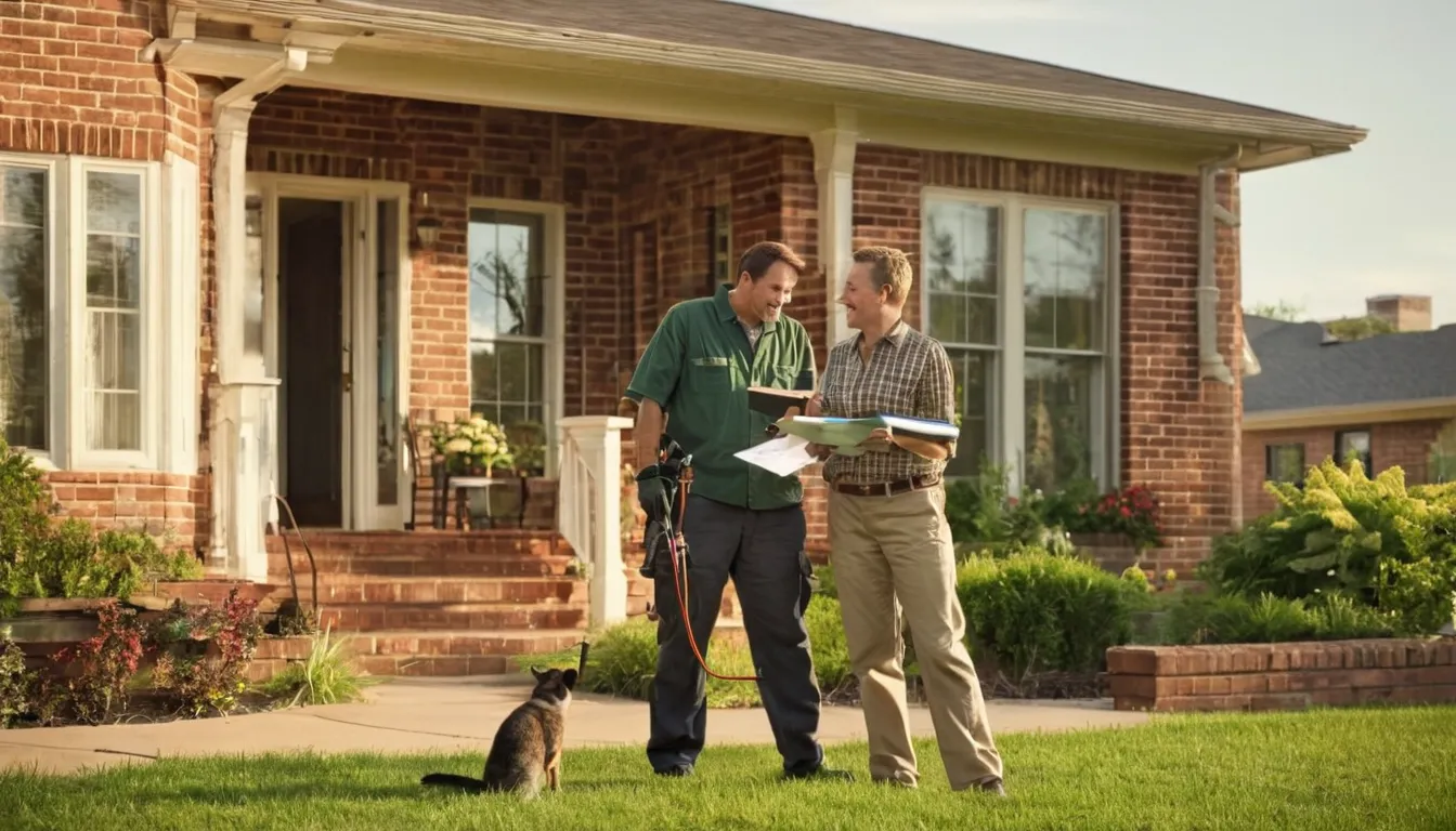 A homeowner in Forest Park talking with a pest control provider at the front door of a brick house