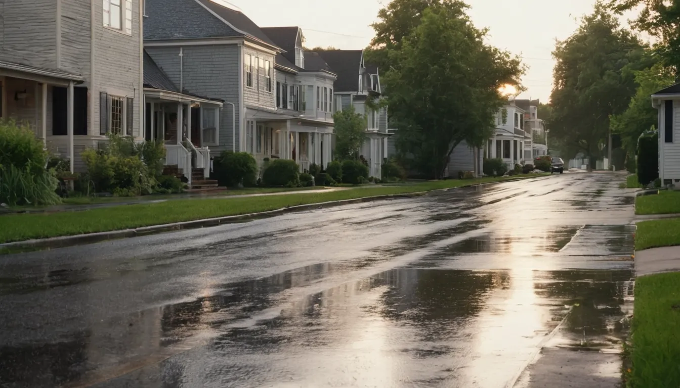 A quiet residential street in Forest Park with older houses and newer homes after a summer storm
